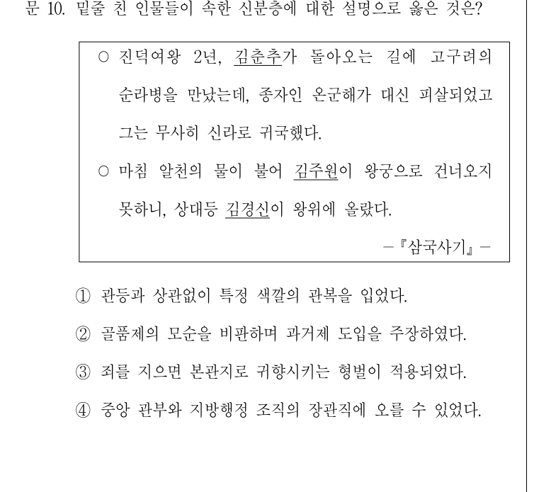 2017년 제1회 지방직공무원 시험 한국사(지방9급) 10번 공식 문제지 도표 또는 그림