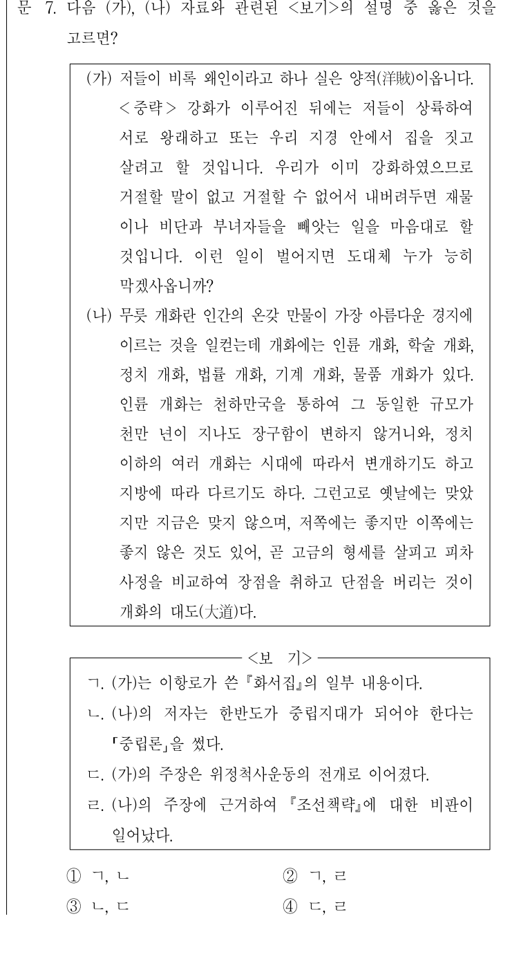 2008년 제2회 지방직공무원 시험(7급) 한국사(지방7급) 7번 공식 문제지 도표 또는 그림